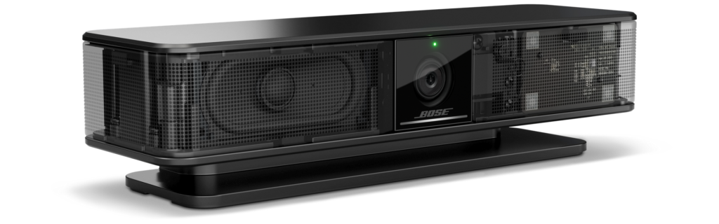 Bose Videobar VB-S vue de côté avec caméra 4K intégrée et barre de son de conférence compacte